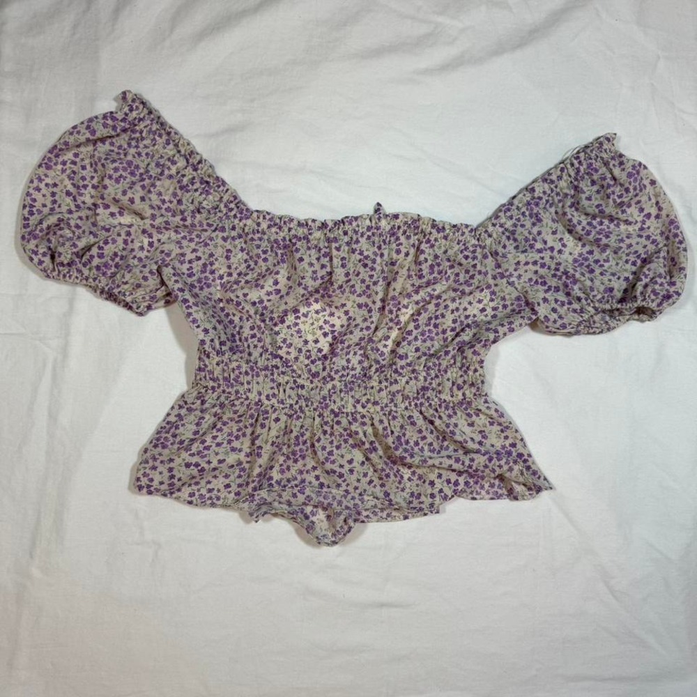 Cottage‎ Core Purple Floral Off Shoulder Peplum Tie Back Puff Sleeve Lush Top XS